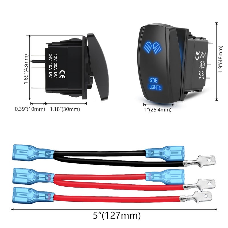Weasch Side Lights Latching Rocker Switch, On/Off SPST 5Pin, 20A/12V 10A/24V, with Jumper Wires Set for Cars Jeeps Trucks RVs, Blue - Image 5